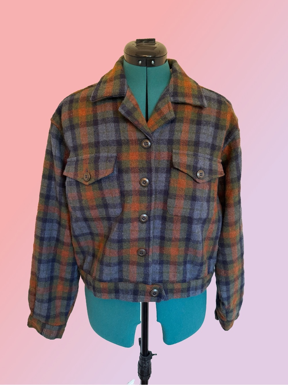 Plaid Wool Blend Button-Front Jacket in Green Multi